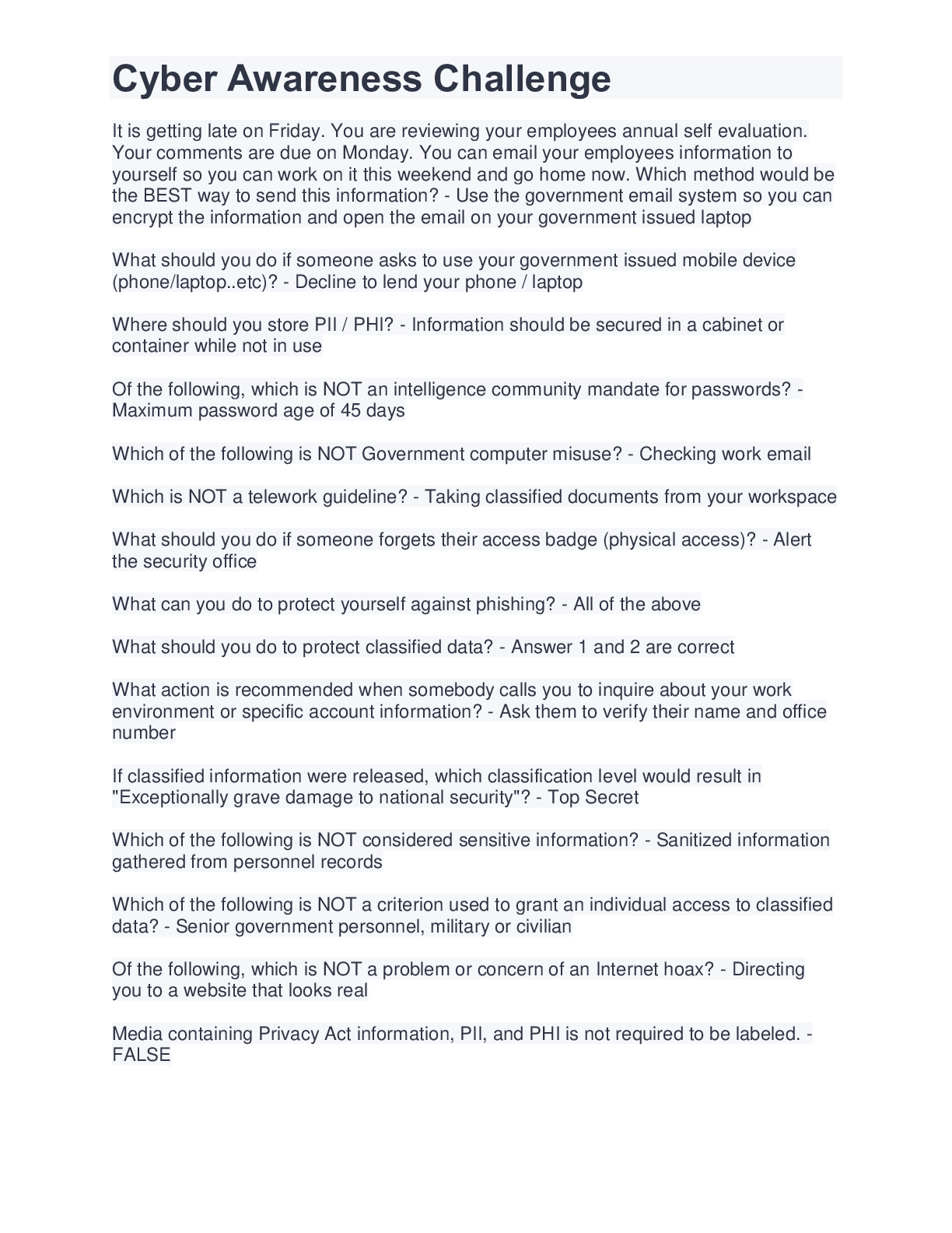 Preview of Cyber Awareness Challenge Exam